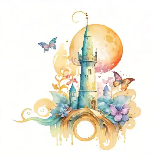 butterfly, moon, Rapunzel Tower surrounded by water tattoo design idea