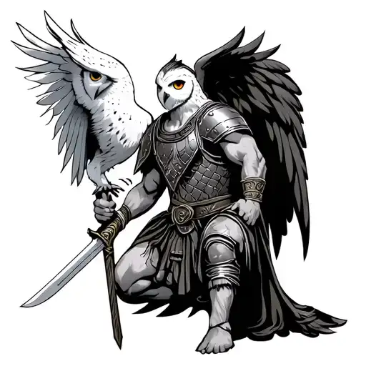 A black and white cybersigilism tattoo of a white owl and a roman gladiator on his knees holding a sword out  tattoo design idea