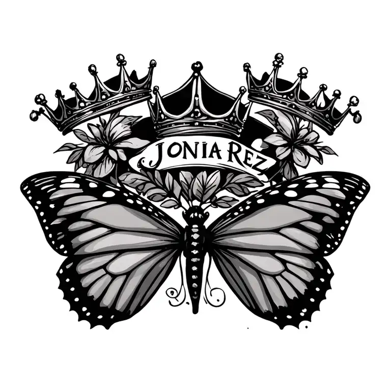 "Jonia        Rez" two butterfly and two crowns symbolizing royalty tattoo design idea