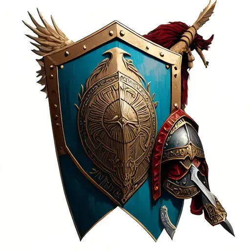 Pontilhism with realism with gladiator that Sostenga un shield tattoo design idea