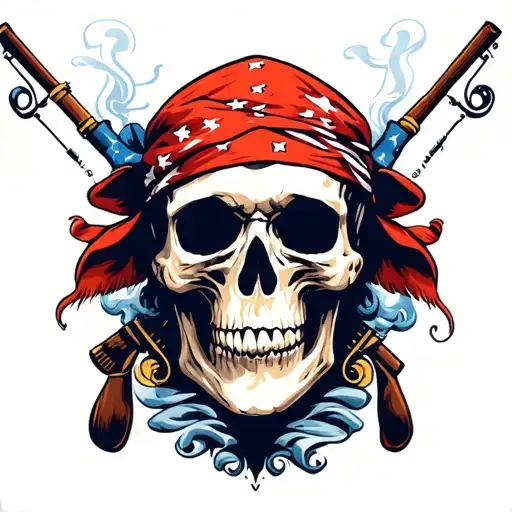 Smoking skull with american bandana with fishing poles tattoo design idea