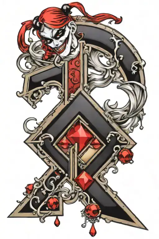 Harley Quinn symbol,  red and black diamonds and The letter "J" for symbolizing Joker  tattoo design idea