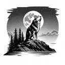 Wolf on mountain howling the white moon with water and background trees tattoo design idea