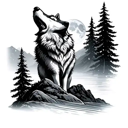 Wolf on mountain howling the white moon with water and background trees tattoo design idea