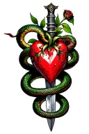bleeding heart pierced by a dagger with a snake wrapped around tattoo design idea