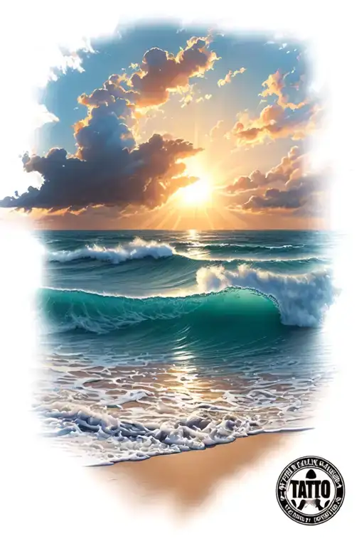 sun rays, clouds floating,sand and sea waves tattoo design idea