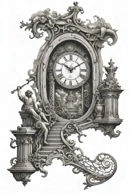 heavens gates, man and a woman, clock, lanten, stairs, jagsaw piece  tattoo design idea