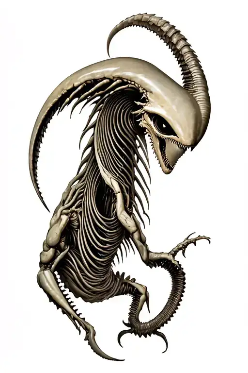 alien xenomorph gigier sideways with curled tail tattoo design idea