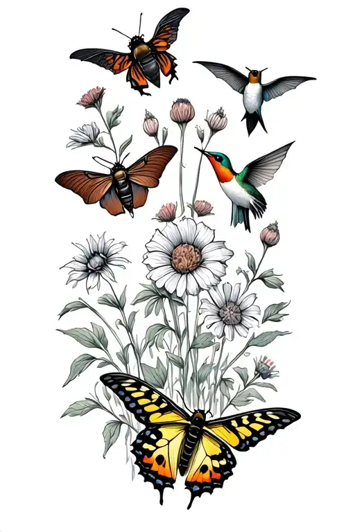 bumblebee, moth, swallowtail butterfly, brown bat, click beetle, & hummingbird with wildflowers in background tattoo design idea
