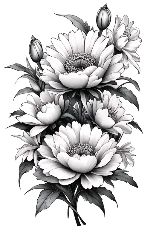 daisy, peony, gladiolus, tulip, Sakura flowers tattoo design idea