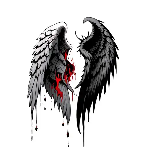 Two wings, one angel wing, broken, with wounds, bloody, torn, the other devil wing, with burnt tattoo design idea