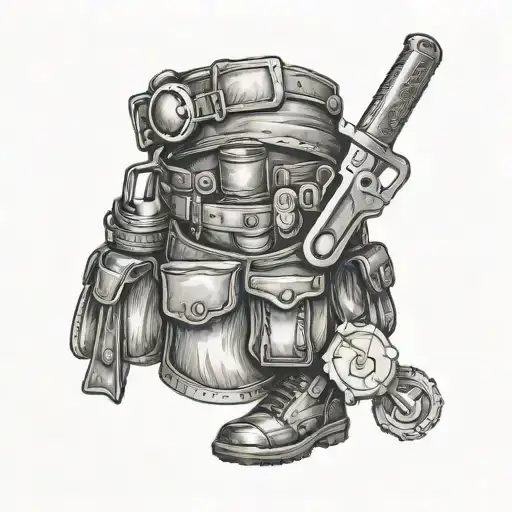 A black-grey tattoo of a carpenter's tool belt with a small spaceship flying off into the distance tattoo design idea