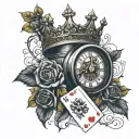 crown , roses, a roman clock  and ,playing cards tattoo design idea