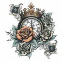 crown , roses, a roman clock  and ,playing cards tattoo design idea