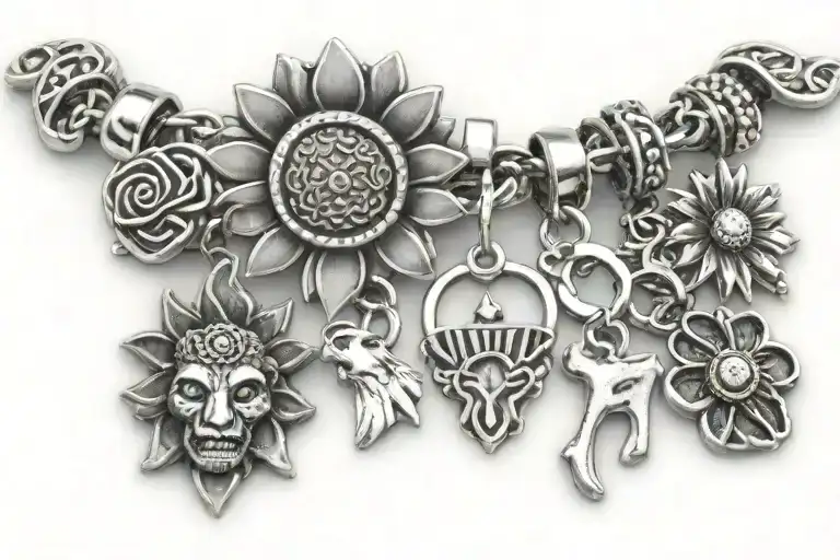 charm bracelet with sunflower charm, bear emoji charm, diamond ring charm, virgo sign  charm, cancer sign charm, crown  tattoo design idea