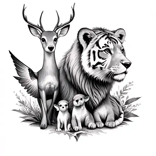 baby deer, baby humming bird, baby fox, baby tiger, baby lion, momma swan and dad bear with linework tattoo tattoo design idea