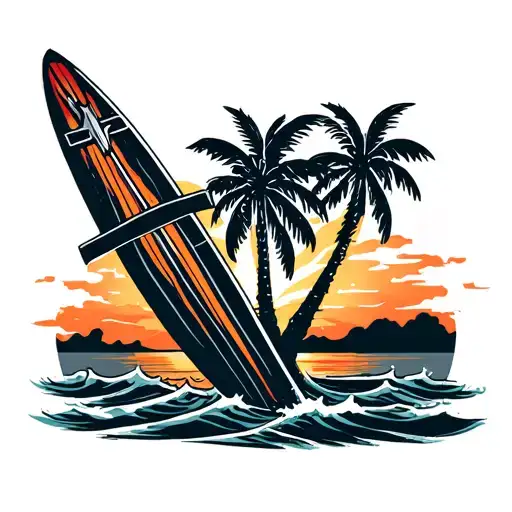 surf board with cross palm trees colors sunset sky tattoo design idea