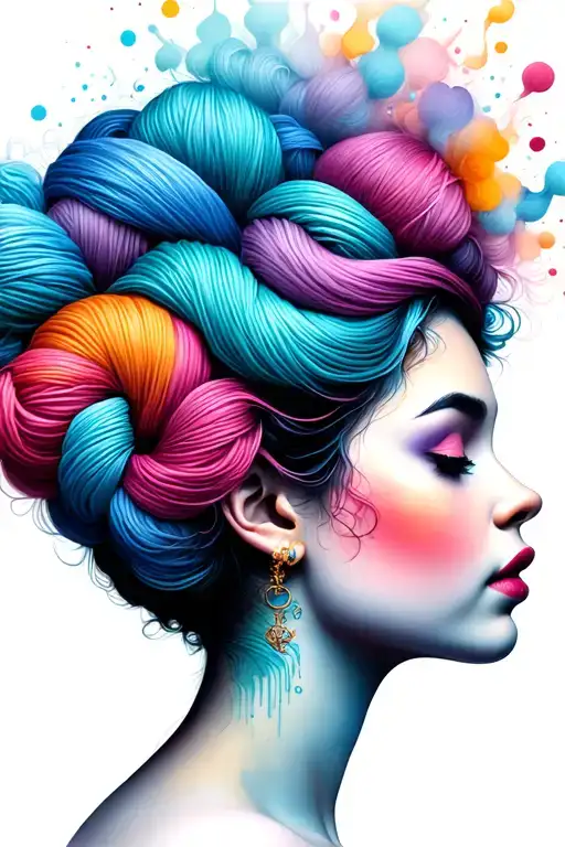 side profile female face with large weaves of yarn exploding from top it tattoo design idea