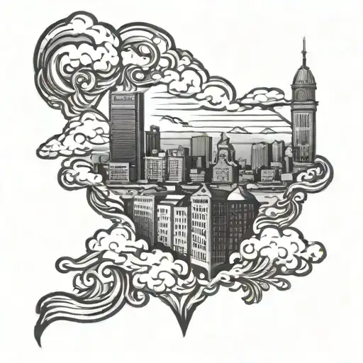Baltimore City Scape tattoo with clouds surrounding the buildings  tattoo design idea