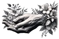 creation of Adam hands but one hand is made of flowers and nature tattoo design idea