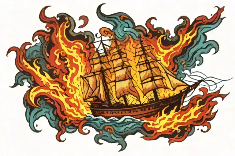 burning ship tattoo design idea