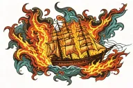 burning ship tattoo design idea