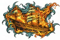 burning ship tattoo design idea