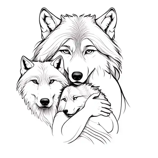 Black and white tattoo of mother of a wolf with two wolves. A gentle, gentle expression on her face. The one in a pose in which it hugs or covers tattoo design idea