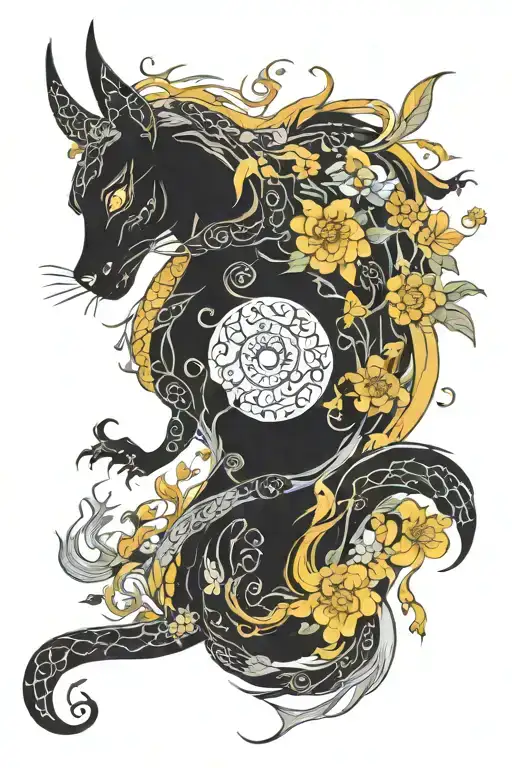 dragon cat horse. water moon sun. tail made of different flowers  tattoo design idea