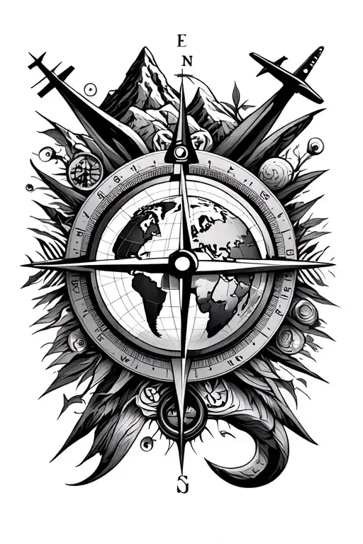 tattoo design white and black featuring compass, mountain, earth globe, world map, and airplane elements tattoo design idea