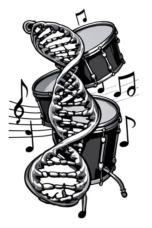 drums mixed with dna and music note intertwined tattoo design idea