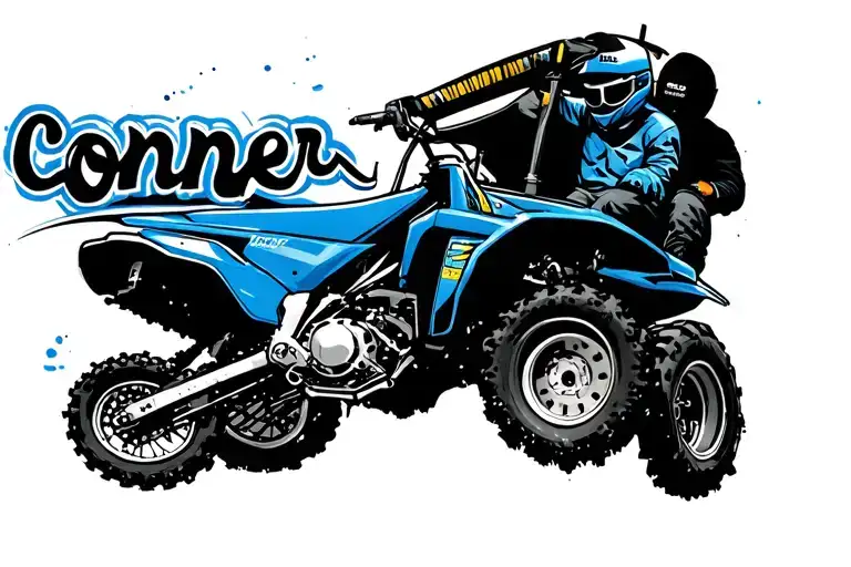 "Conner" blue dirt bike jumping, tractor, fishing line, and snowmobile tattoo design idea