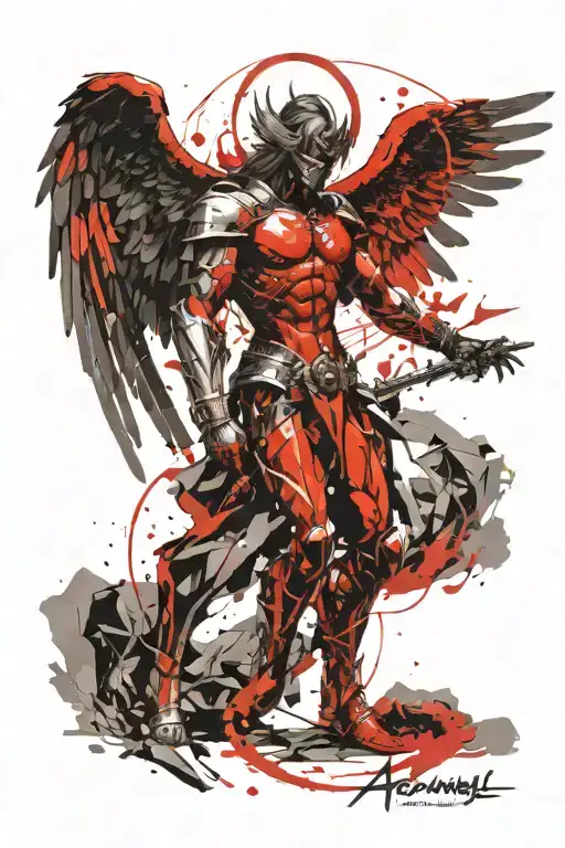 archangel Michael with a fallen angel kneeling before him in an apocalyptic battle scene tattoo design idea
