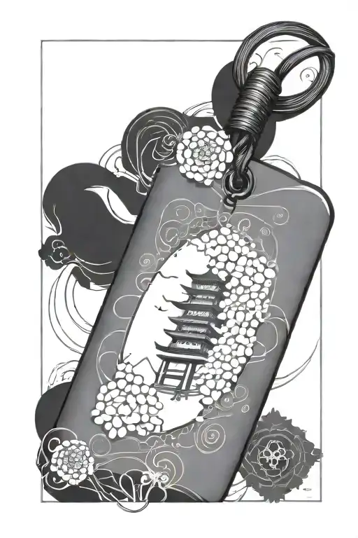 the tip of a japanese pagoda exiting third dimension perspective from one single rectangual japanese blank omamori charm tattoo design idea
