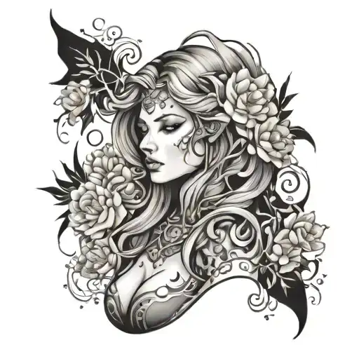 Fire enchantress surrounded by flowers growing tattoo design idea