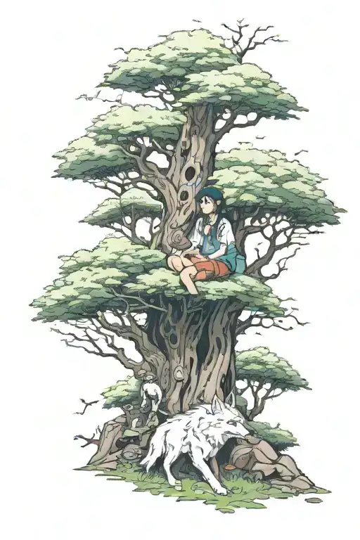 Princess Mononoke, with a wolf, background is a large tree filled with Kodama tattoo design idea