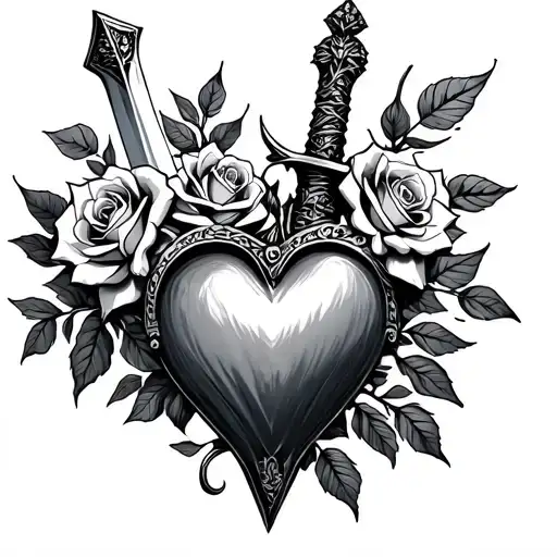 sword and heart with roses tattoo design idea
