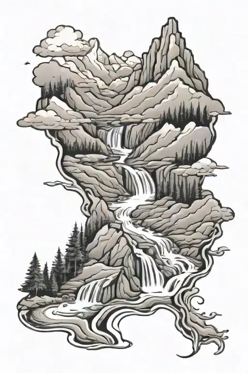 mountains with stream flowing tattoo design idea