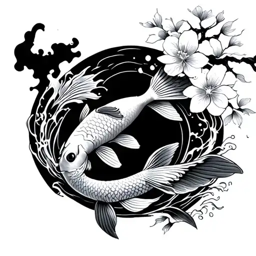 Koi fish tattoo with waves and cherry blossoms inside an outline of  the country of Japan in black and gray tattoo design idea