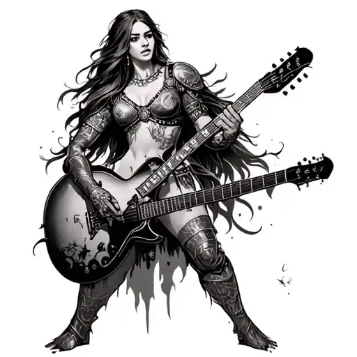 pictish warrior woman with guitar transforming tattoo design idea