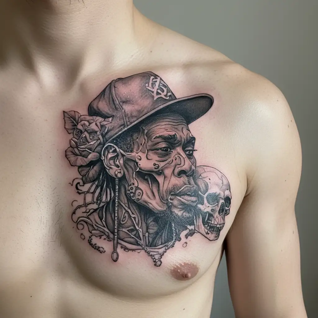 A realistic portrait of a famous hip-hop artist with a pet skull incorporated into the design tattoo design idea