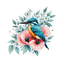 kingfisher with poppies and raspberries tattoo design idea