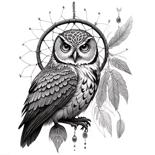 owl, dream catcher and selkie transforming tattoo design idea