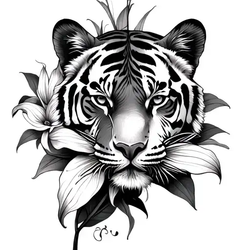 a fineline mix of half a tigers face and the other half a tiger lily flower tattoo design idea