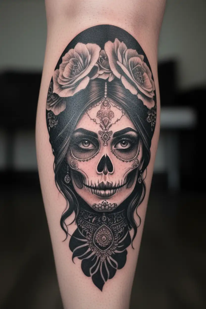beautiful Mexican woman with beautiful face  as lady of death sleeve inspired tattoo design idea