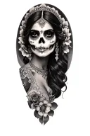 beautiful Mexican woman with beautiful face  as lady of death sleeve inspired tattoo design idea