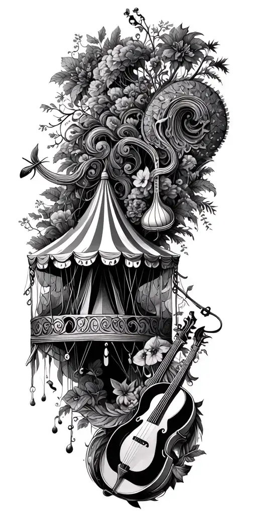 An intricate design of a circus tent intertwined with musical instruments and nature elements tattoo design idea