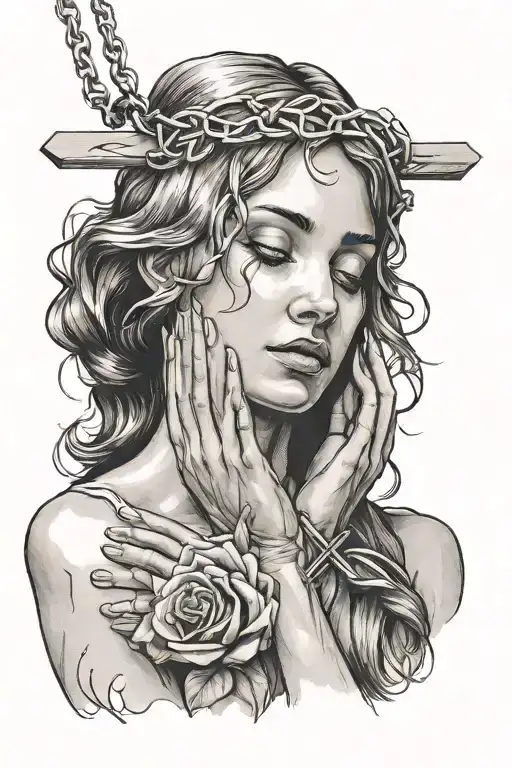 woman praying tattoo while holding hands together with Jesus cross necklace simple  tattoo design idea