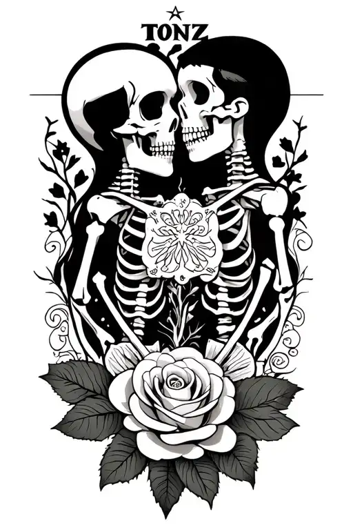 the word 'Tonz' 2 skeletons kissing and Star transforming into a rose tattoo design idea