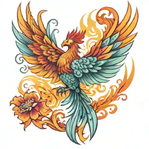 Phoenix rising from ashes into colorful tattoo design incorporating tattoo design idea